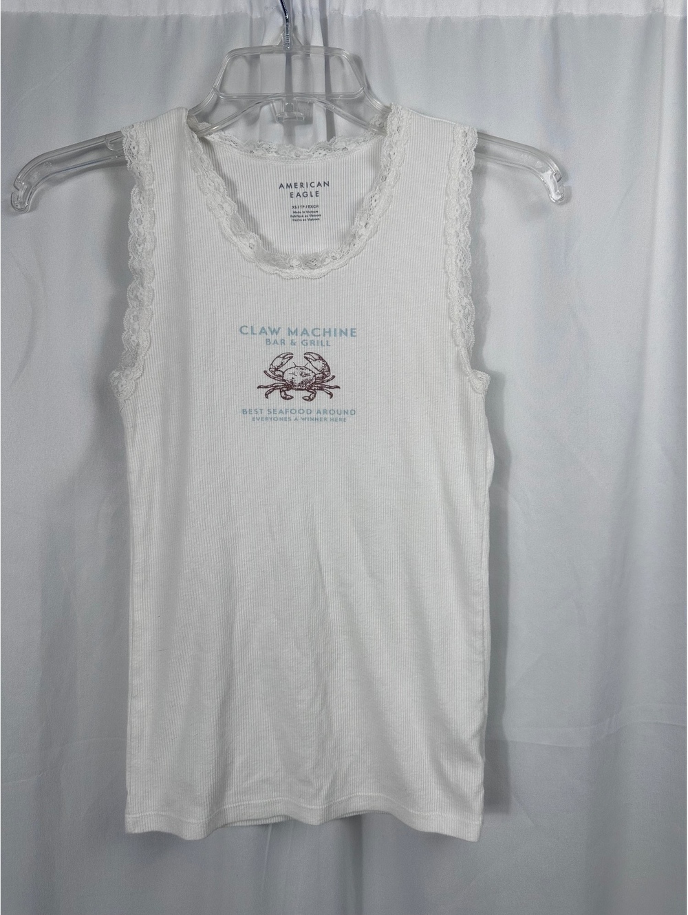 American Eagle White Ribbed Lace Trim Tank Top XS